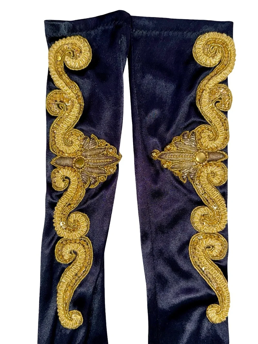 BLACK SATIN OPERA GLOVES WITH GOLD BAROQUE EMBROIDERY